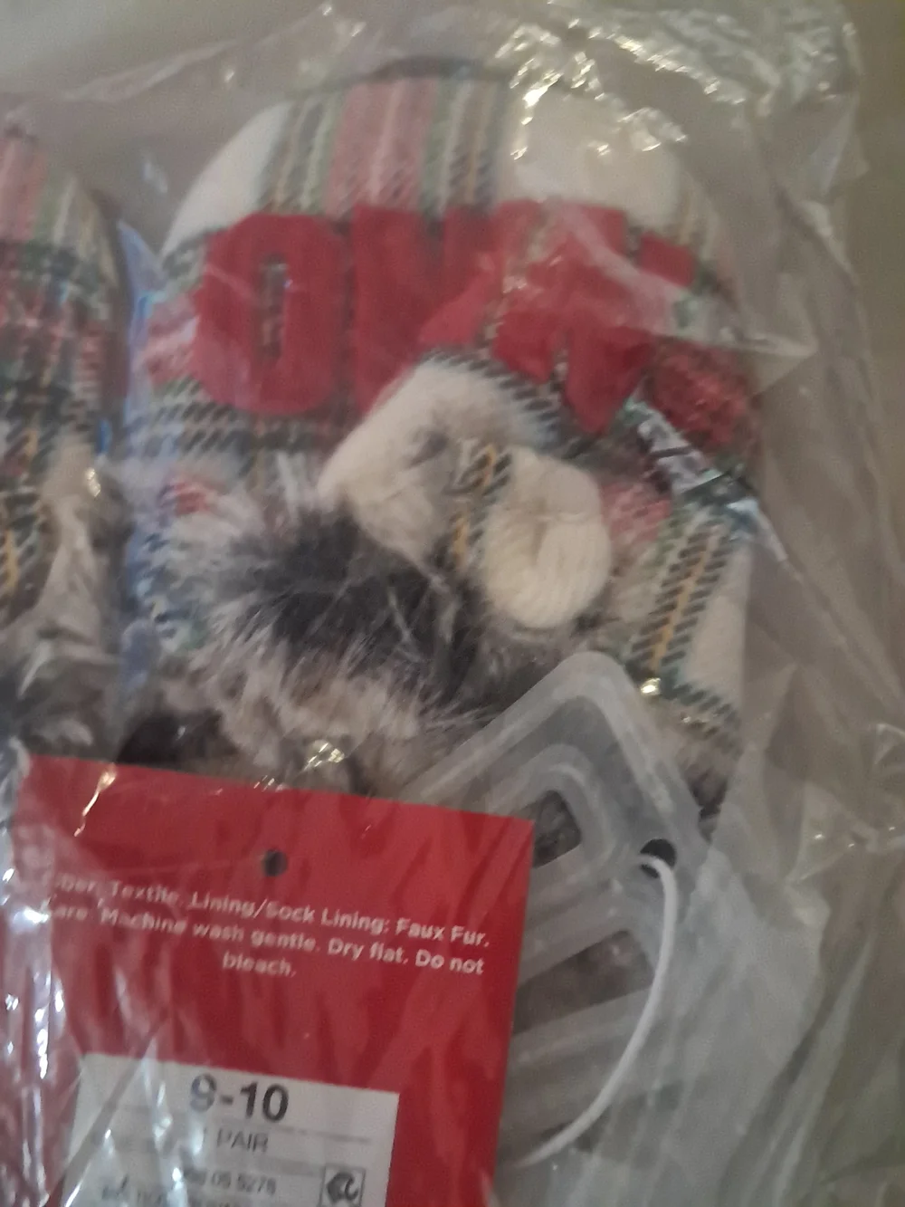 SO Plaid Fur-Trim Indoor Slippers with Red Embroidery